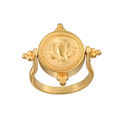 Gold-toned spinner ring with lotus flower medallion center and rotating beaded accents on curved band.