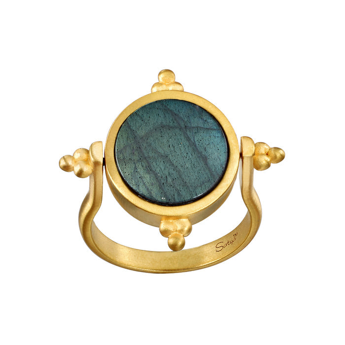 Gold-toned spinner ring with rotating circular labradorite stone center and decorative bead accents on sides.