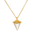 Truthful Guidance Crystal Pendulum Necklace featuring a clear quartz crystal pendant, symbolizing positivity and healing, crafted with 18kt gold plate. A meaningful spiritual jewelry piece ideal for meditation and manifestation, reflecting protection and charm.
