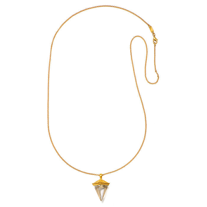 Truthful Guidance Crystal Pendulum Necklace displayed against a white background, highlighting the clear quartz pendant and intricate gold detailing. This necklace serves as a spiritual symbol, perfect for those interested in zodiac, meditation, and meaningful manifestation.