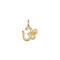 Universal Om White Topaz Charm featuring an openwork Om design, crafted in 18kt gold plate with a white topaz accent. This spiritual jewelry piece symbolizes individuality and creativity, making it a perfect talisman for meditation and yoga practice, enhancing personal manifestation and meaning.