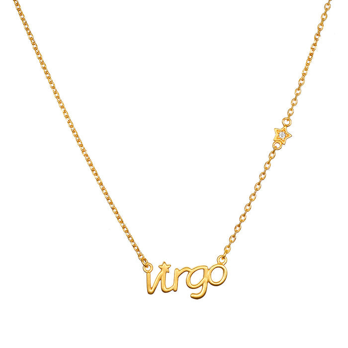 Virgo Clarity Zodiac Script Necklace in gold featuring the word 'virgo' and a small star, symbolizing spiritual jewelry connected to the Virgo zodiac. A perfect talisman for meditation and meaningful manifestation, it embodies protection and purpose, ideal for yoga enthusiasts.