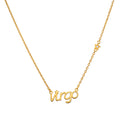 Virgo Clarity Zodiac Script Necklace in gold featuring the word 'virgo' and a small star, symbolizing spiritual jewelry connected to the Virgo zodiac. A perfect talisman for meditation and meaningful manifestation, it embodies protection and purpose, ideal for yoga enthusiasts.
