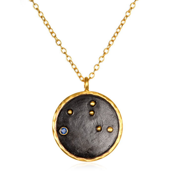 Virgo Zodiac Necklace featuring a black pendant with sapphire accent, embodying spiritual jewelry and symbolism for manifestation and protection, ideal as a meaningful gift for meditation or yoga enthusiasts.