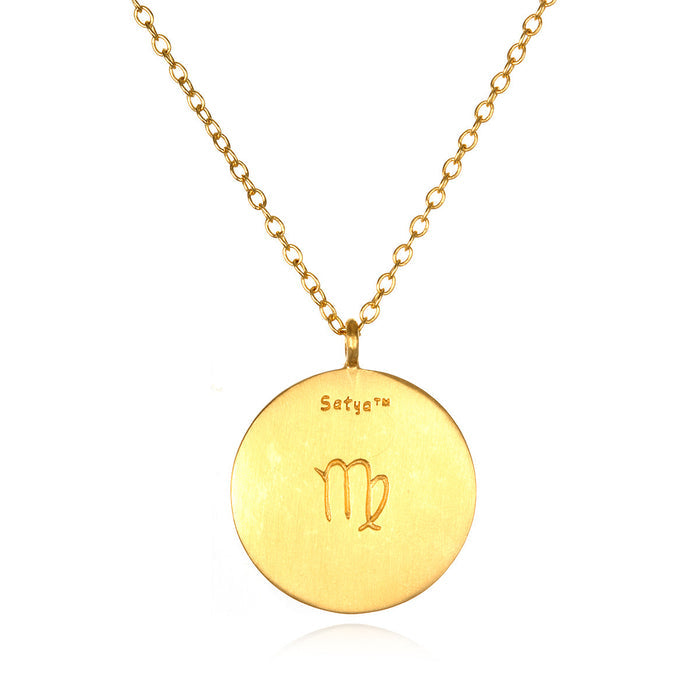 Virgo Zodiac Necklace showcasing a gold plate pendant engraved with the Virgo symbol, representing sacred meaning and serving as a protective amulet, perfect for yoga practice and spiritual mindfulness.