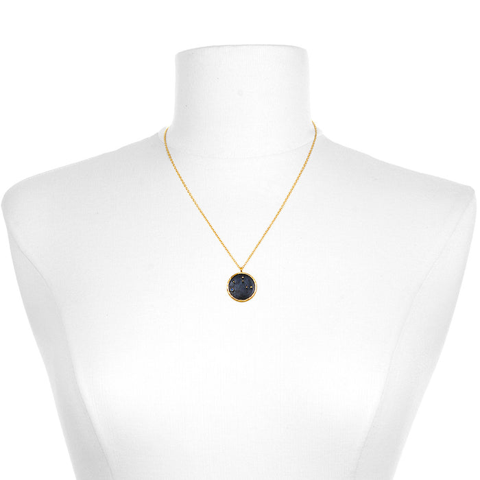 Virgo Zodiac Necklace worn on a mannequin, highlighting its unique black pendant with gold detailing, symbolizing protection and meaningful significance, an ideal gift for yoga practitioners and those seeking spiritual connection.