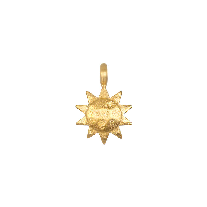 Vital Sun Charm in hammered 18kt gold plate, symbolizing vitality and leadership. Perfect addition to your spiritual jewelry collection, embodying the essence of meditation and protection, ideal for yoga and meaningful manifestation.