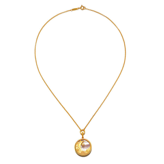 Close-up of the Waking Dreams Mother of Pearl Celestial Necklace, highlighting its elegant design. This meaningful necklace embodies the essence of spiritual jewelry, making it a perfect companion for meditation and personal growth.