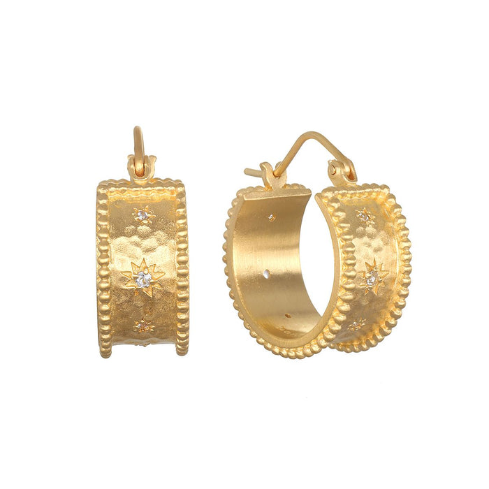 Whimsical Spirit White Topaz Bold Hoop Earrings in 18kt gold plate, featuring sparkling stars and beaded edges, perfect for spiritual jewelry, meditation, and meaningful charm.