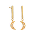 Pair of gold-tone earrings with cylindrical posts and crescent moon charms set with clear crystals.