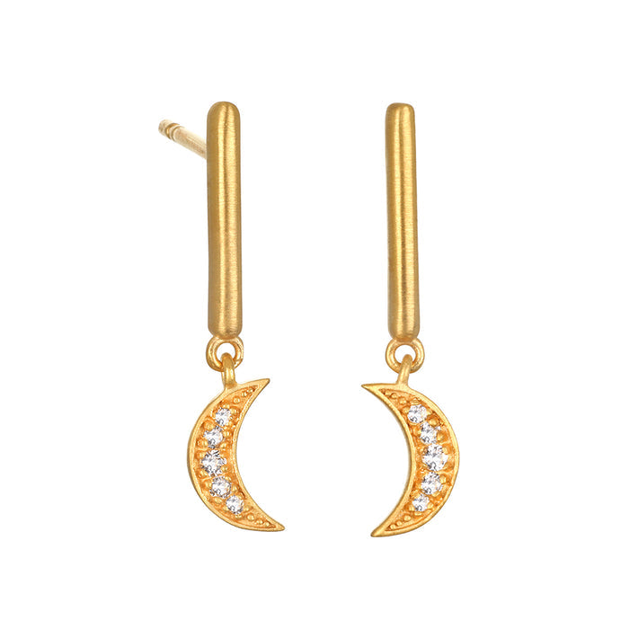Pair of gold-tone earrings with cylindrical posts and crescent moon charms set with clear crystals.
