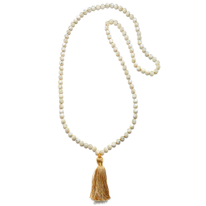 Wisdom Lotus Pearl Gemstone Mala displayed elegantly, ideal for spiritual use, meditation, and as a meaningful talisman, representing protection and the energy of the zodiac during yoga and reflection.