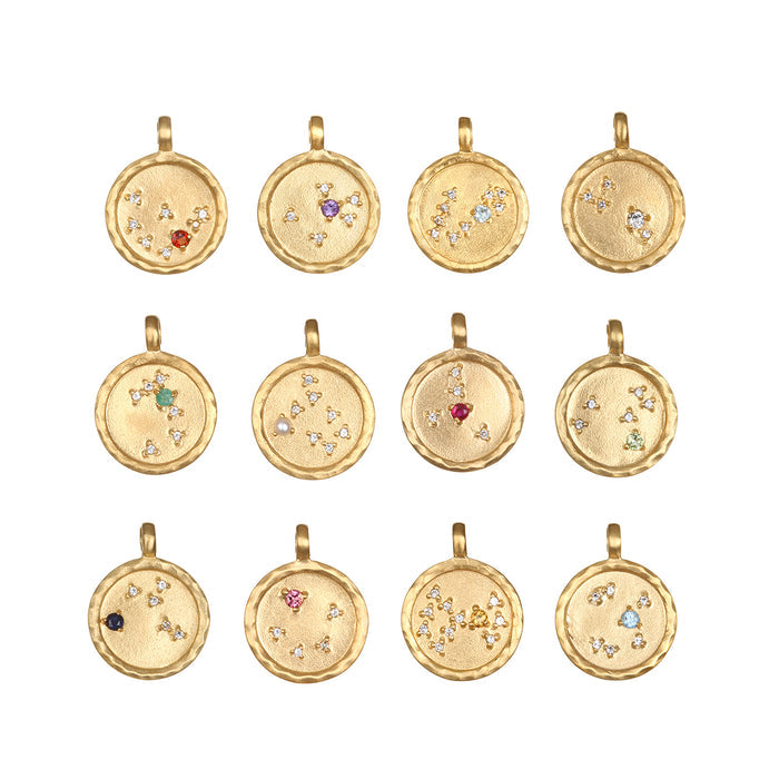 Zodiac Coin Charms collection featuring a variety of unique birthstone charms, perfect for spiritual jewelry and meditation. Each charm serves as a talisman, representing zodiac signs and their meanings. Ideal for yoga enthusiasts and those seeking protection and manifestation in their lives.