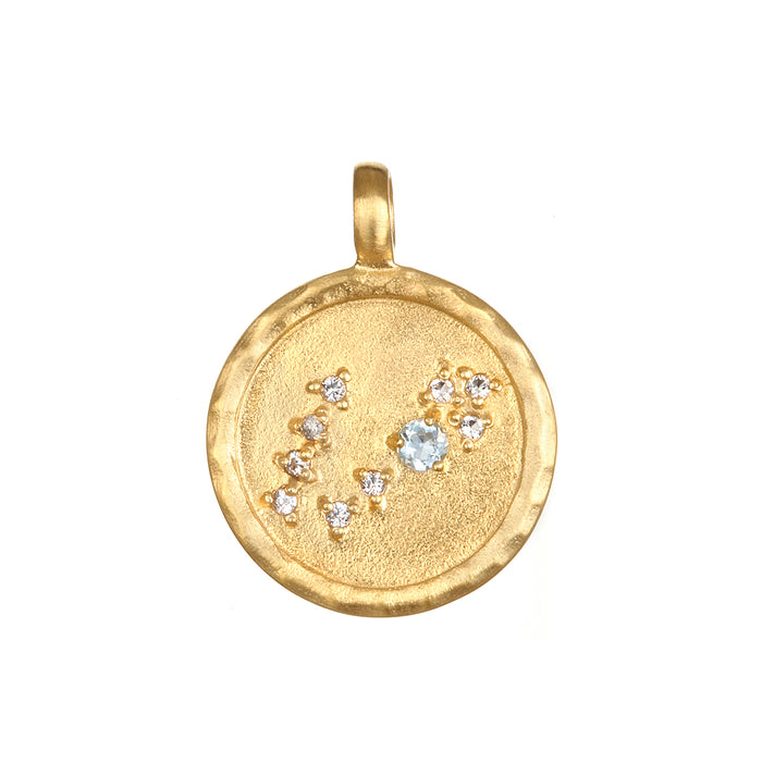 Zodiac Coin Charm with an aquamarine gemstone, representing tranquility and courage, ideal spiritual jewelry for yoga enthusiasts and those seeking protection and meaning in their lives.