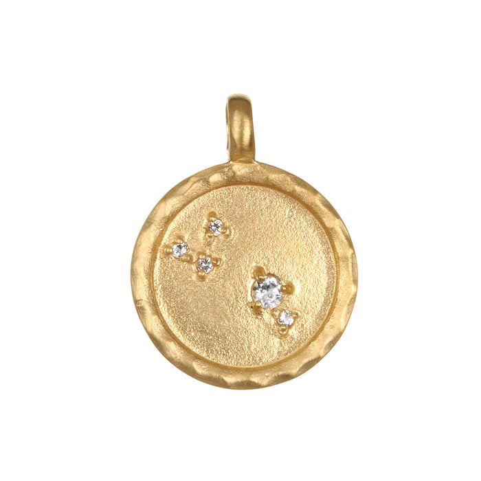 Zodiac Coin Charm adorned with a sparkling white topaz, embodying individuality and creativity, making it a meaningful talisman for meditation and spiritual practices.