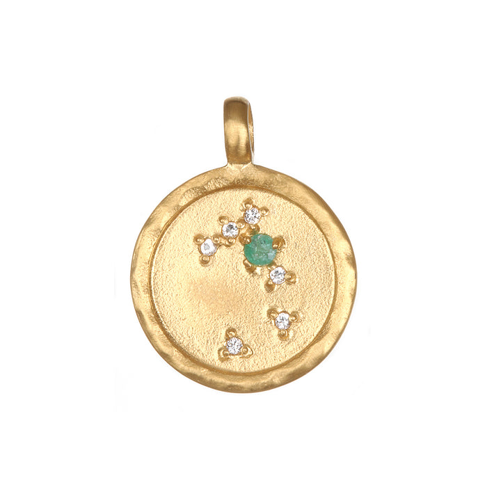 Zodiac Coin Charm designed with a charming emerald, symbolizing wisdom and abundance, perfect as spiritual jewelry for yoga and meditation practitioners.