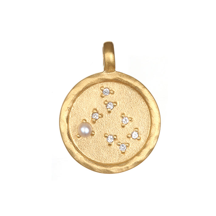 Zodiac Coin Charm embellished with a soothing pearl, representing innocence and beauty, a meaningful addition to any spiritual jewelry collection for manifestation and protection.