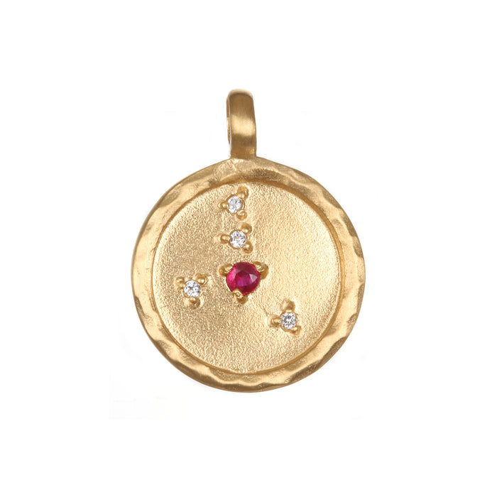 Zodiac Coin Charm featuring a ruby gemstone, symbolizing passion and integrity, perfect for spiritual jewelry and meditation. Ideal as a talisman for zodiac enthusiasts, offering protection and meaning in yoga and manifestation practices.
